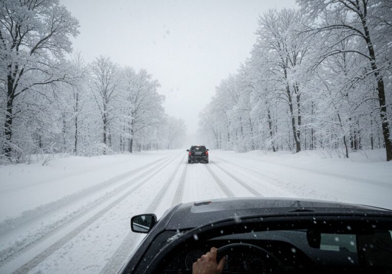 Samochód jedzie ostrożnie po oblodzonej, zaśnieżonej drodze otoczonej oszronionymi drzewami.