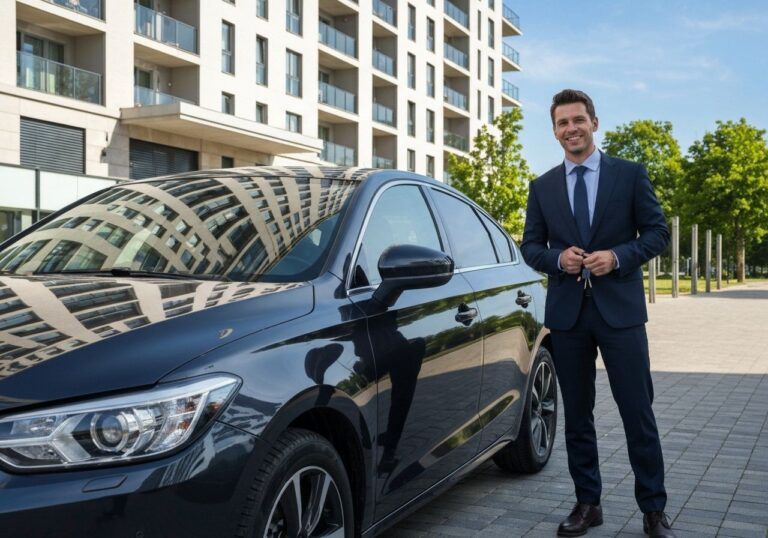Nowoczesny samochód zaparkowany przed miejskim budynkiem, obok stoi młody profesjonalista z kluczami.