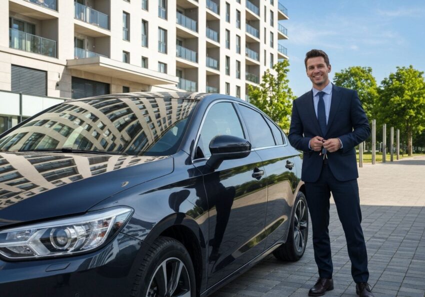 Nowoczesny samochód zaparkowany przed miejskim budynkiem, obok stoi młody profesjonalista z kluczami.