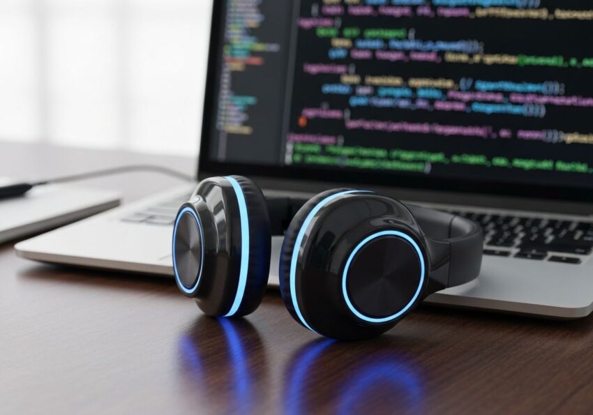 Nowoczesne słuchawki bezprzewodowe obok laptopa z kodem sztucznej inteligencji na drewnianym biurku.