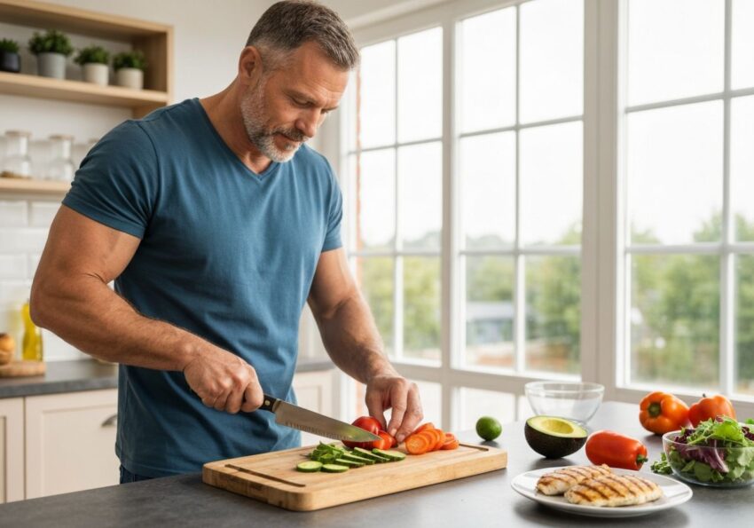 Mężczyzna kroi warzywa przy blacie z talerzem kurczaka, awokado i sałatą w jasnej kuchni.