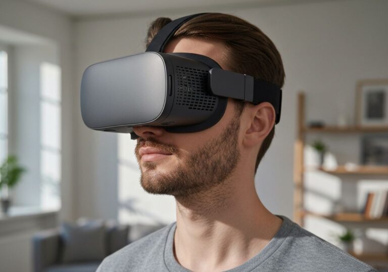 Osoba w nowoczesnym headsetcie VR w jasnym, minimalistycznym wnętrzu, skupiona na doświadczeniu immersji