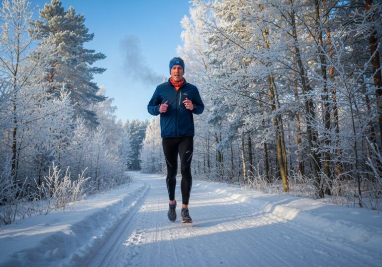 Biegacz w zimowej odzieży biegnie leśną ścieżką pokrytą śniegiem o poranku przy mroźnej pogodzie