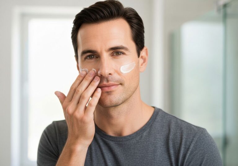 Mężczyzna w średnim wieku nakłada delikatny krem na twarz w jasnej łazience