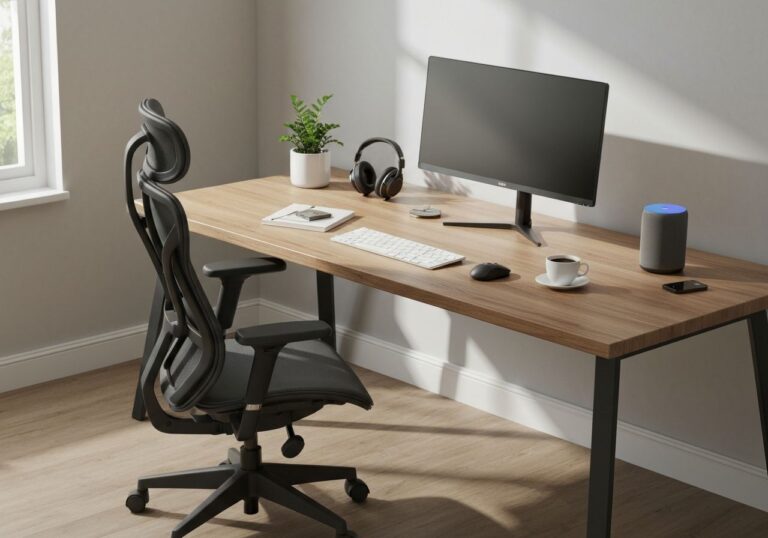 nowoczesne biuro domowe z ergonomicznym krzesłem, dużym drewnianym biurkiem, monitorem i laptopem