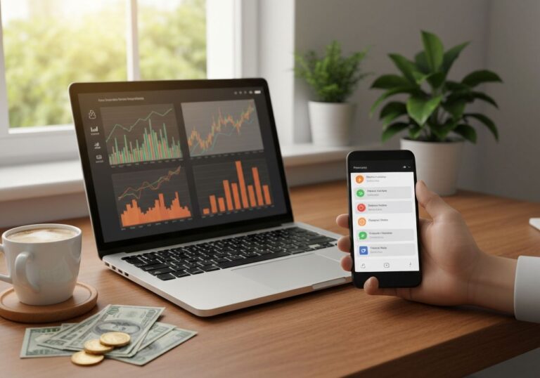 Nowoczesne biurko z laptopem pokazującym wykresy finansowe, telefonem z powiadomieniami o dochodzie pasywnym.