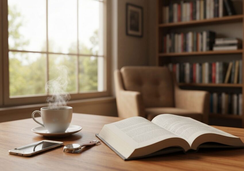 Stolik przy dużym oknie z kawą, otwartą książką, zegarkiem i telefonem, w tle fotel i regał z książkami