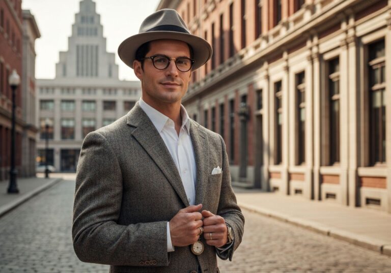 Mężczyzna w stylu lat 50. na brukowanej ulicy z klasyczną architekturą w tle