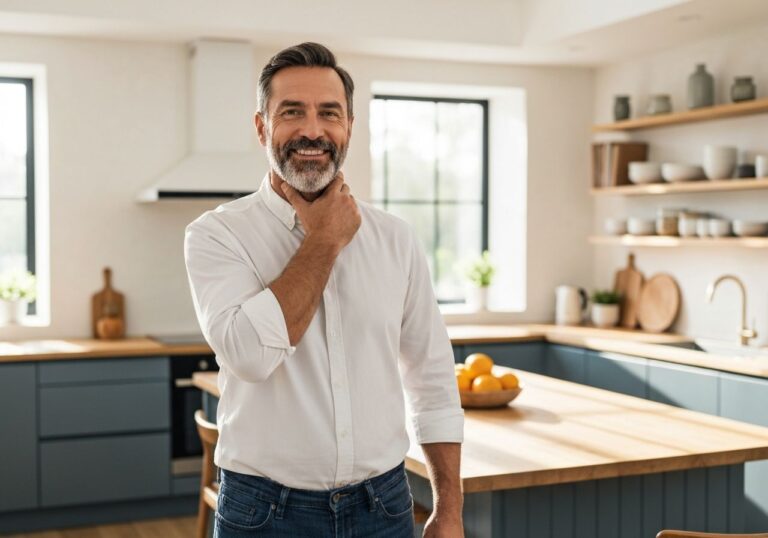 Mężczyzna dotyka gardła stojąc w jasnej kuchni, temat zdrowia i stylu życia.