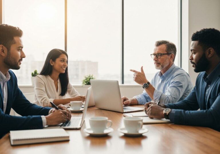 Zespół biznesowy przy drewnianym stole w nowoczesnej sali konferencyjnej podczas spotkania
