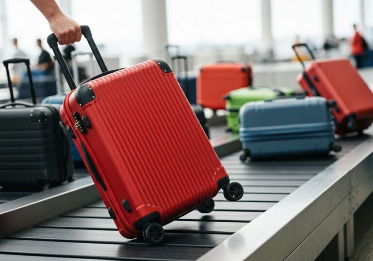 Różnokolorowe walizki na taśmie bagażowej na lotnisku, jedna wyciągana ręką w świetle dziennym