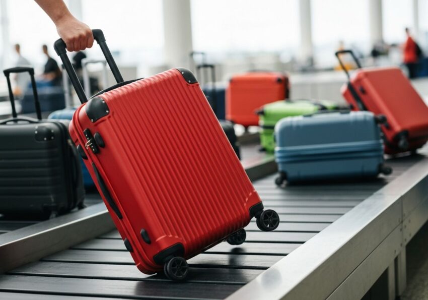 Różnokolorowe walizki na taśmie bagażowej na lotnisku, jedna wyciągana ręką w świetle dziennym