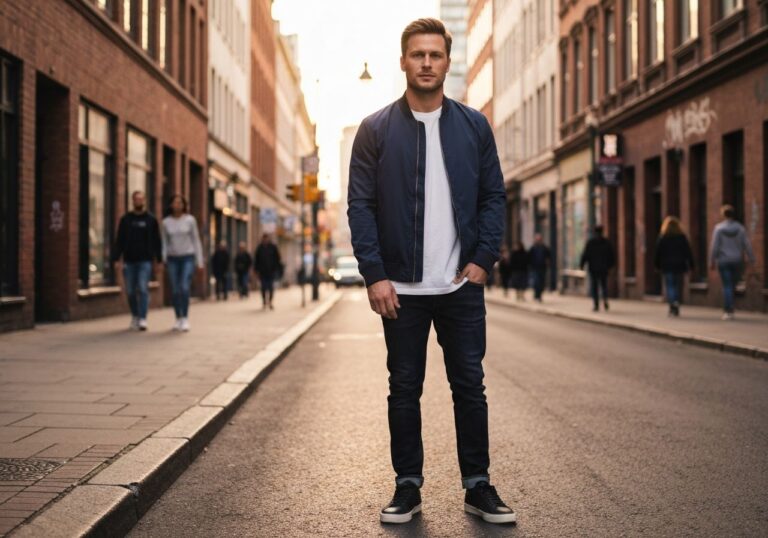 Mężczyzna w modnym casualowym ubraniu stoi w miejskim otoczeniu oświetlony światłem zachodu słońca.